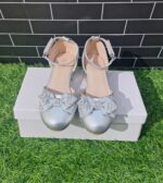 Silver Thick Heeled Half Cut Ankle Strap with bow/AFS15
