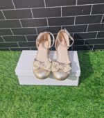 Gold Thick Heeled Half Cut Ankle Strap with bow/AFS46